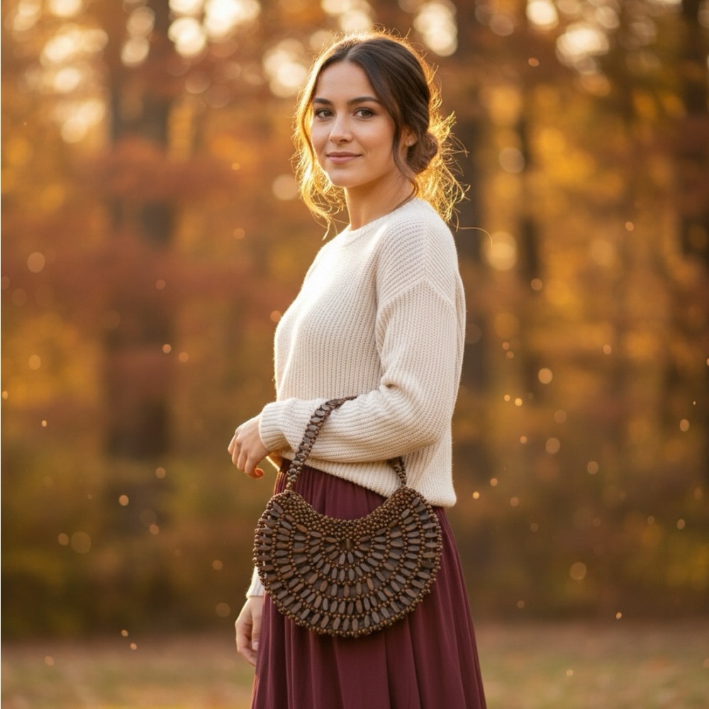 Wooden Boho Small Handbag with Beaded Handle